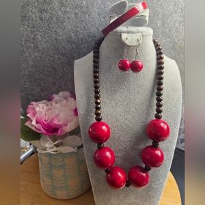 Red and Brown Beaded & Wood Necklace Set